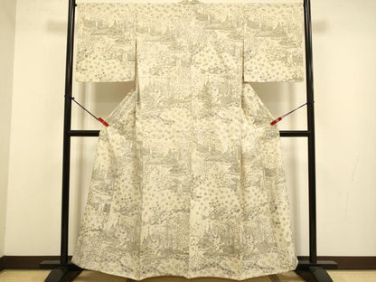 平和屋着物▽染織の名門　しょうざん　生紬　訪問着　単衣　風景花文　正絹　逸品　DABJ3772du