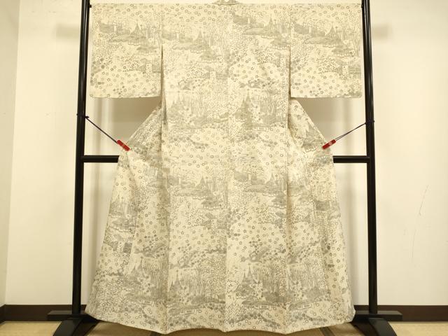 平和屋着物▽染織の名門　しょうざん　生紬　訪問着　単衣　風景花文　正絹　逸品　DABJ3772du