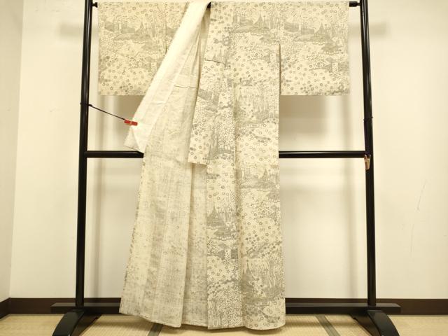 平和屋着物▽染織の名門　しょうざん　生紬　訪問着　単衣　風景花文　正絹　逸品　DABJ3772du