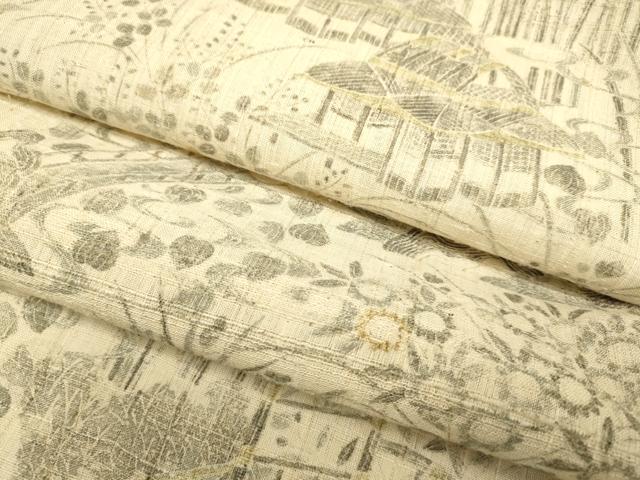 平和屋着物▽染織の名門　しょうざん　生紬　訪問着　単衣　風景花文　正絹　逸品　DABJ3772du