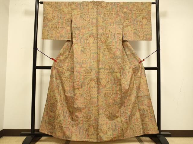 平和屋着物▽本場染大島紬　単衣　鳥獣花文　正絹　逸品　DABJ3783du