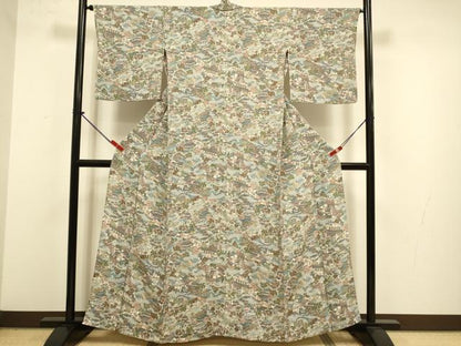 平和屋着物▽上質な小紋　単衣　名所偶景文　鬼しぼ縮緬　正絹　逸品　DABJ3786du