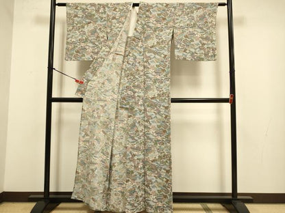 平和屋着物▽上質な小紋　単衣　名所偶景文　鬼しぼ縮緬　正絹　逸品　DABJ3786du