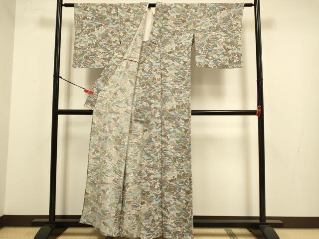 平和屋着物▽上質な小紋　単衣　名所偶景文　鬼しぼ縮緬　正絹　逸品　DABJ3786du