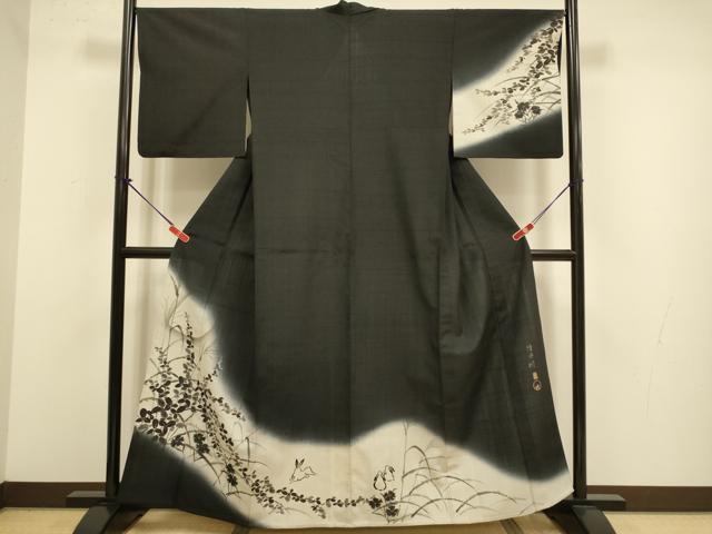 平和屋着物▽絵師　津守順　訪問着　単衣　生紬　手描き　月兎　黒地　金彩　正絹　逸品　DABJ3787du