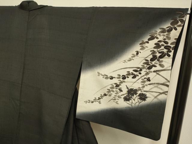 平和屋着物▽絵師　津守順　訪問着　単衣　生紬　手描き　月兎　黒地　金彩　正絹　逸品　DABJ3787du