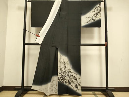 平和屋着物▽絵師　津守順　訪問着　単衣　生紬　手描き　月兎　黒地　金彩　正絹　逸品　DABJ3787du