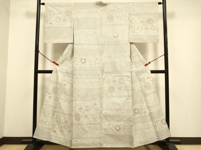 平和屋着物▽中国三大刺繍　スワトウ刺繍　汕頭刺繍　総刺繍　本場縞大島紬　単衣　横段花文　正絹　逸品　DABJ3792du