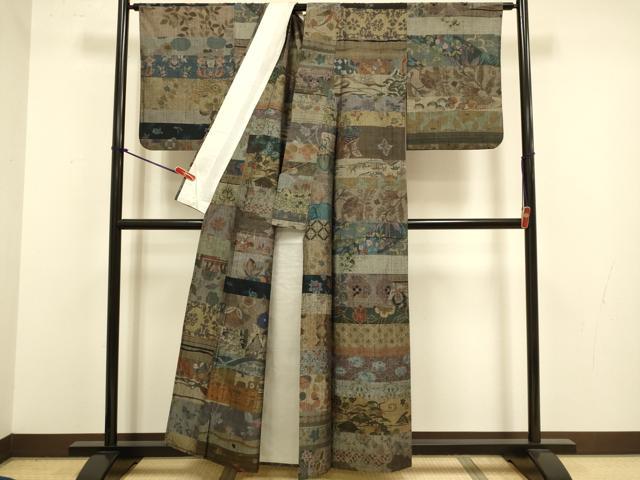 平和屋着物▽小千谷紬　単衣　百柄　正絹　逸品　DABJ3798du