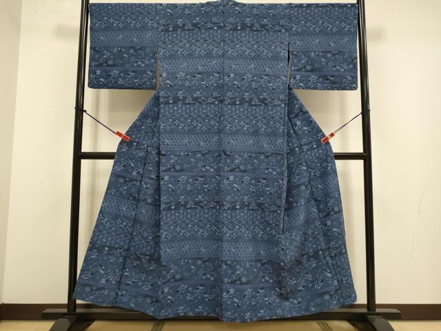 平和屋着物▽上質な小紋　単衣　紬地　藍　飛鶴吉祥花蝶文　正絹　逸品　DABJ3799du