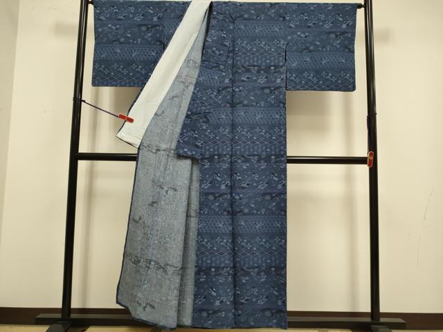 平和屋着物▽上質な小紋　単衣　紬地　藍　飛鶴吉祥花蝶文　正絹　逸品　DABJ3799du