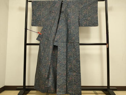 平和屋着物▽本場大島紬　単衣　洋花文　朝倉正平作　証紙付き　正絹　逸品　未使用　DABJ3802du