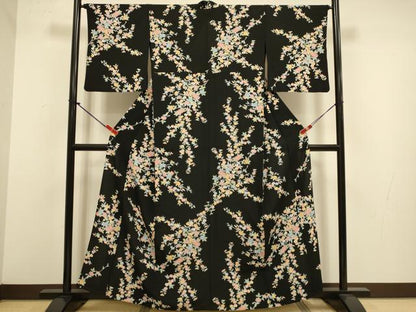 平和屋着物▽小紋　単衣　草花文　黒地　洗える着物　DABJ3803du