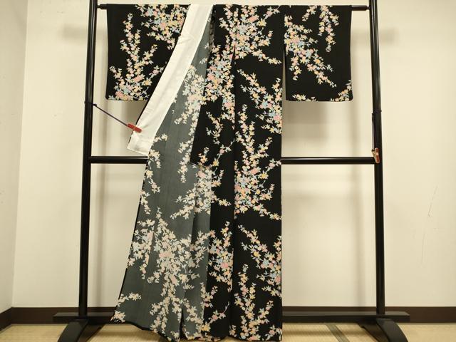 平和屋着物▽小紋　単衣　草花文　黒地　洗える着物　DABJ3803du