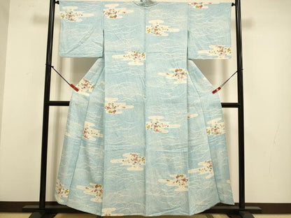 平和屋着物▽上質な小紋　単衣　エ霞芝花文　正絹　逸品　DABJ3811du