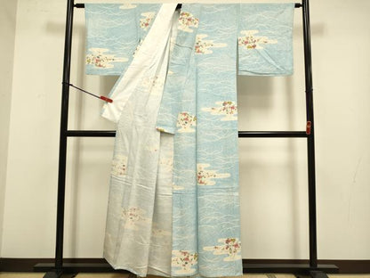 平和屋着物▽上質な小紋　単衣　エ霞芝花文　正絹　逸品　DABJ3811du