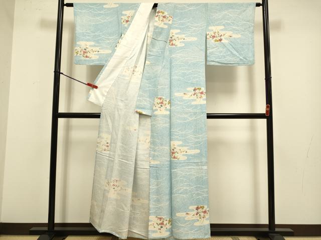平和屋着物▽上質な小紋　単衣　エ霞芝花文　正絹　逸品　DABJ3811du