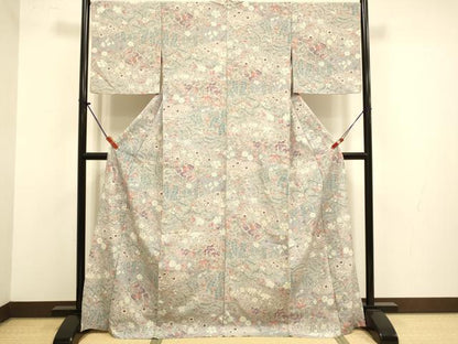 平和屋着物▽上質な小紋　単衣　鴛鴦花文　ロング丈　正絹　逸品　DABJ3812du