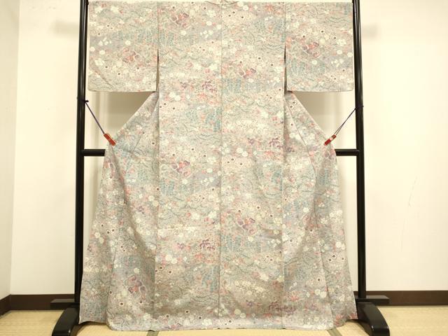 平和屋着物▽上質な小紋　単衣　鴛鴦花文　ロング丈　正絹　逸品　DABJ3812du