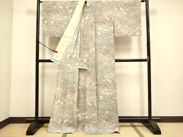 平和屋着物▽上質な小紋　単衣　鴛鴦花文　ロング丈　正絹　逸品　DABJ3812du