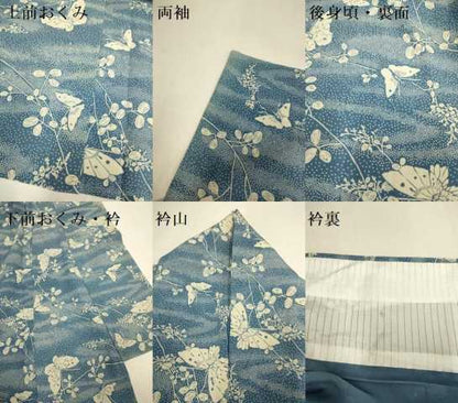 平和屋着物▽人間国宝・松原定吉の後継者 松原興七 長坂中形 本藍染 玉藍染 小紋 単衣 舞蝶枝葉文 反端付き 正絹 逸品 DABJ3814du