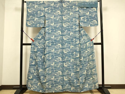 平和屋着物▽人間国宝・松原定吉の後継者 松原興七 長坂中形 本藍染 玉藍染 小紋 単衣 舞蝶枝葉文 反端付き 正絹 逸品 DABJ3814du