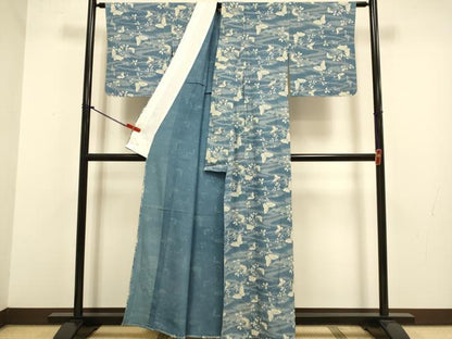 平和屋着物▽人間国宝・松原定吉の後継者 松原興七 長坂中形 本藍染 玉藍染 小紋 単衣 舞蝶枝葉文 反端付き 正絹 逸品 DABJ3814du