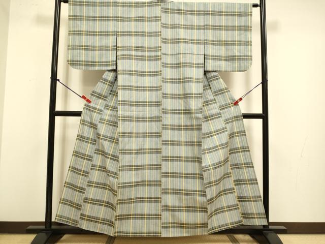 平和屋着物▽上質な紬　単衣　格子　正絹　逸品　DABJ3816du
