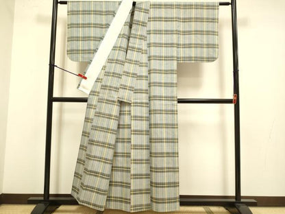 平和屋着物▽上質な紬　単衣　格子　正絹　逸品　DABJ3816du