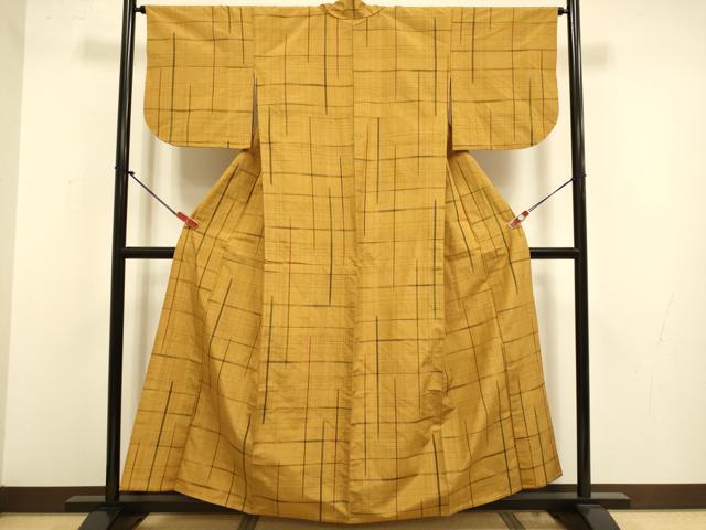 平和屋着物▽上質な紬　単衣　格子　正絹　逸品　DABJ3817du