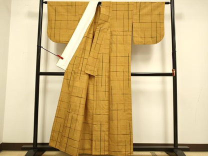 平和屋着物▽上質な紬　単衣　格子　正絹　逸品　DABJ3817du