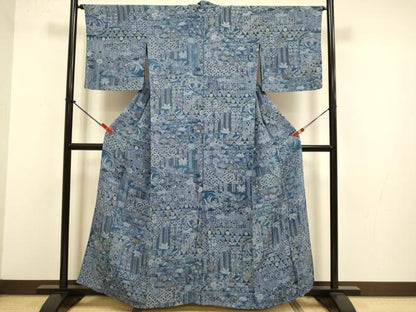 平和屋着物▽上質な小紋　単衣　吉祥鳳凰花文　鬼しぼ縮緬　正絹　逸品　DABJ3820du