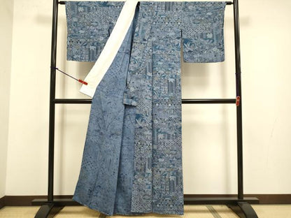 平和屋着物▽上質な小紋　単衣　吉祥鳳凰花文　鬼しぼ縮緬　正絹　逸品　DABJ3820du