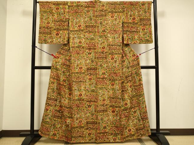 平和屋着物▽上質な小紋　単衣　更紗花文　お召縮緬　正絹　逸品　DABJ3825du