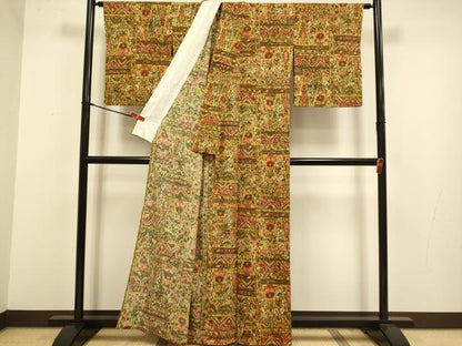 平和屋着物▽上質な小紋　単衣　更紗花文　お召縮緬　正絹　逸品　DABJ3825du