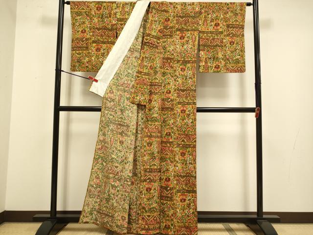 平和屋着物▽上質な小紋　単衣　更紗花文　お召縮緬　正絹　逸品　DABJ3825du