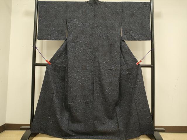 平和屋着物▽本場結城紬　重要無形文化財　単衣　100亀甲　立波桐花文　正絹　逸品　DABJ3831du