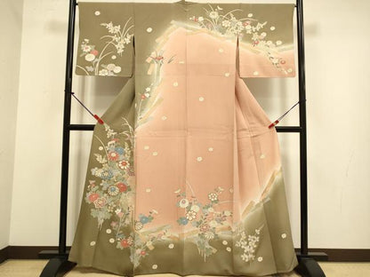平和屋着物▽訪問着　単衣　草花文　暈し染め　金彩　正絹　逸品　DABJ3832du