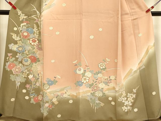 平和屋着物▽訪問着　単衣　草花文　暈し染め　金彩　正絹　逸品　DABJ3832du
