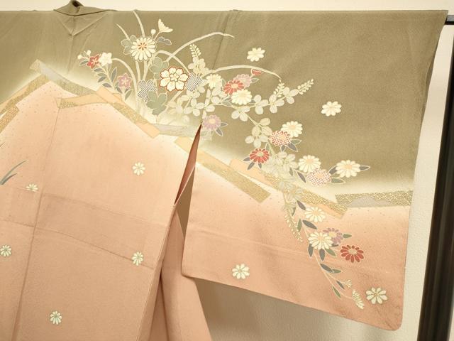平和屋着物▽訪問着　単衣　草花文　暈し染め　金彩　正絹　逸品　DABJ3832du