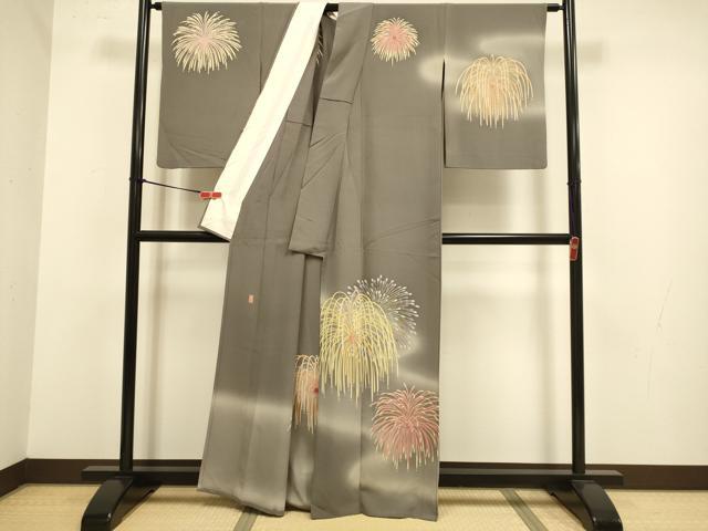 平和屋着物▽十日町　加賀草木友禅の第一人者　田村哲彦　訪問着　単衣　花火　暈し染め　金彩　正絹　逸品　DABJ3833du