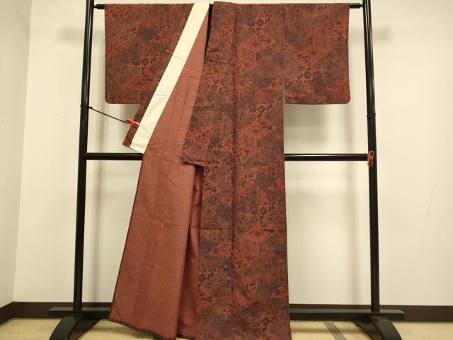 平和屋着物▽上質な小紋　単衣　紬地　切嵌更紗花鳥文　正絹　逸品　DABJ3838du