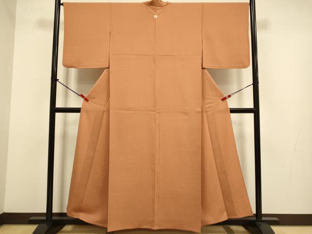 平和屋着物▽上質な色無地　単衣　土器色　お召縮緬　正絹　逸品　DABJ3839du