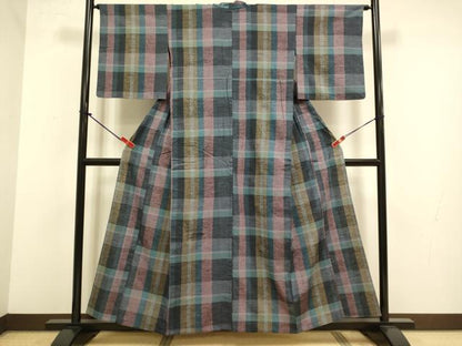 平和屋着物▽上質な紬　単衣　格子柄　正絹　逸品　DABJ3841du