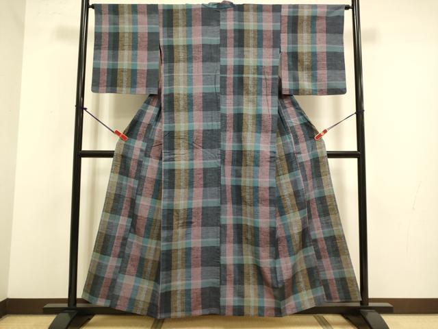 平和屋着物▽上質な紬　単衣　格子柄　正絹　逸品　DABJ3841du