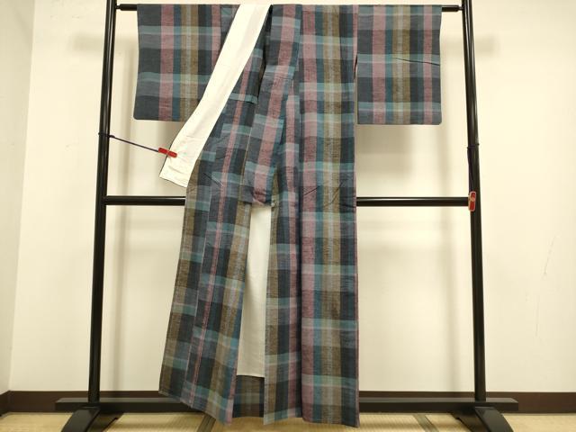 平和屋着物▽上質な紬　単衣　格子柄　正絹　逸品　DABJ3841du