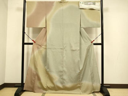 平和屋着物▽本塩沢　やまだ織　訪問着　単衣　染色作家　桐村博　霞文　証紙付き　正絹　逸品　DABJ3843du