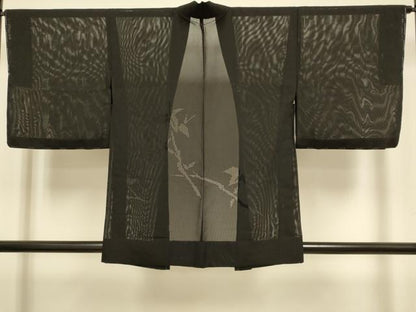 平和屋着物▽羽織　スリーシーズン　春夏秋　塵除け　枝葉文　黒地　正絹　逸品　未使用　DABJ3857du