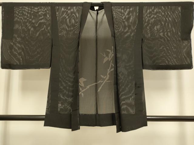平和屋着物▽羽織　スリーシーズン　春夏秋　塵除け　枝葉文　黒地　正絹　逸品　未使用　DABJ3857du