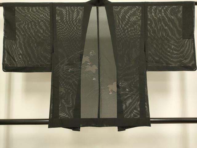 平和屋着物▽羽織　スリーシーズン　春夏秋　塵除け　草葉文　黒地　正絹　逸品　未使用　DABJ3867du